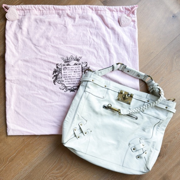 Juicy Couture Handbags - Y2K Juicy Couture Large Leather Purse White Tote Patent Leather Bag w. Dust Bag